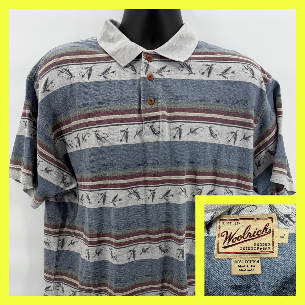 Woolrich Vintage Fly Fishing Polo Shirt Mens Large Striped Cotton Macau Lures